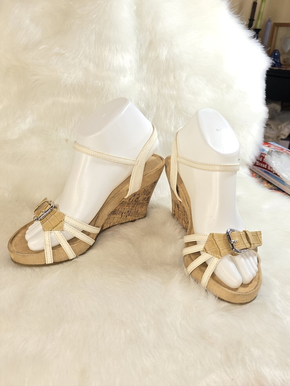 Aerosoles Cream Cork Wedge Sandals with Alligator Buckle Detail